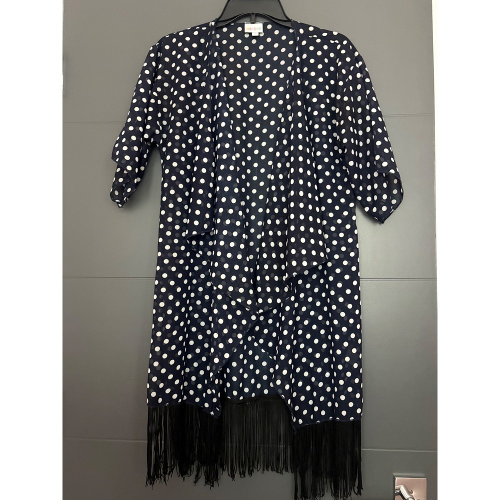 LuLaRoe Lindsay Kimono Navy Blue White Polka Dot Fringe Small Boho Layer